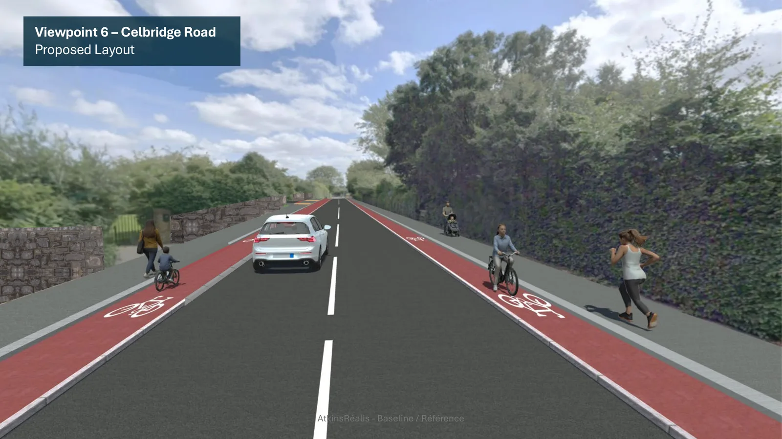 Kildare County Council's visualisation of the proposed Celbridge Road: red cycle
                   tracks on both sides, separated from two lanes of traffic by a white line and a low
                   kerb. A young child cycles on the left-hand track as a car passes alongside.