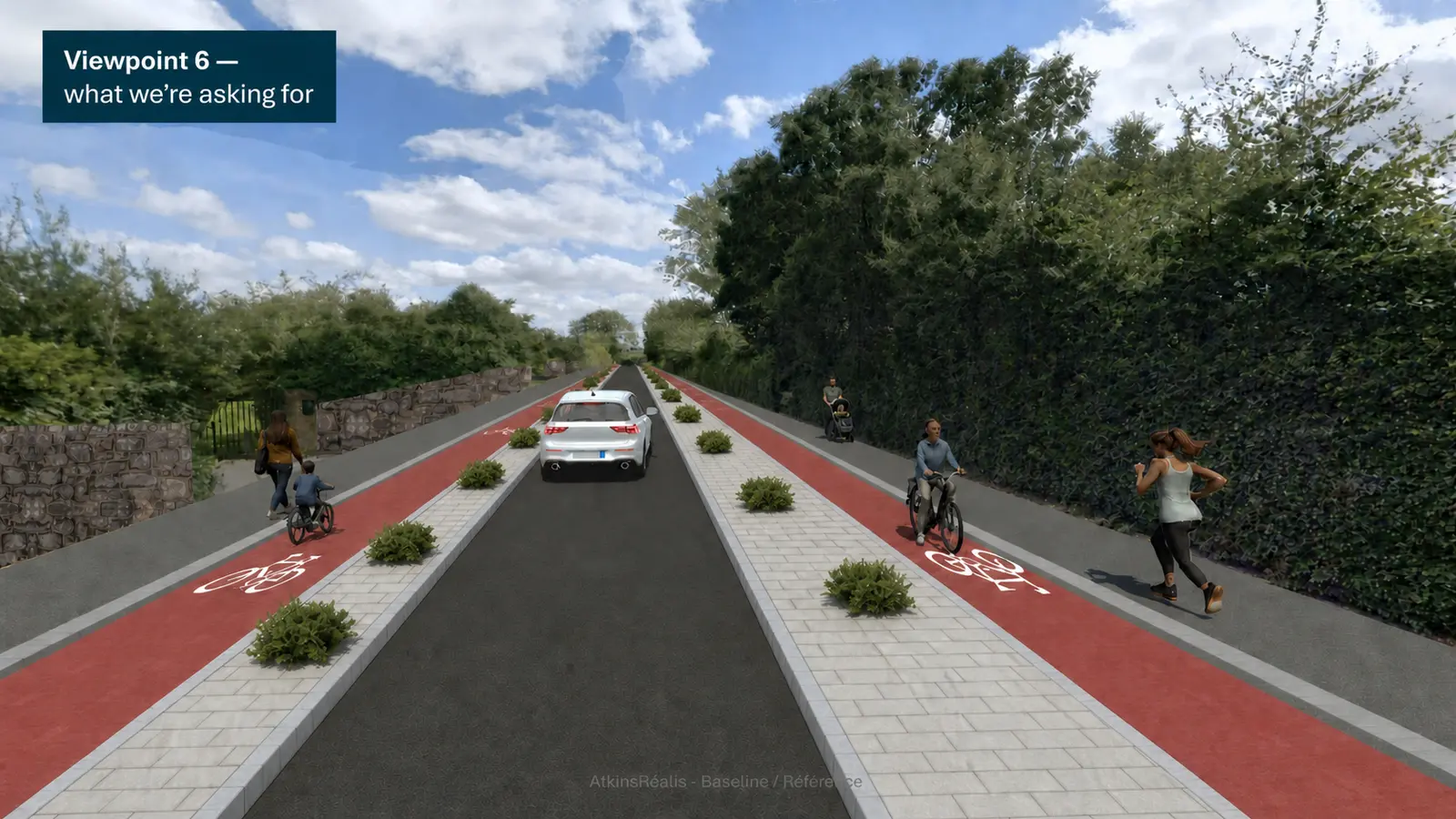 The same stretch of the Celbridge Road with one lane of traffic instead of
                 two. A planted strip now runs between each red cycle track and the
                 carriageway, so the child cycling on the left is no longer beside the car.
