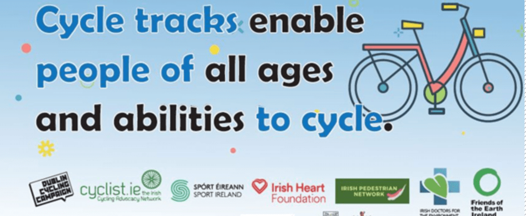 Banner: ‘Cycle tracks enable people of all ages and abilities to cycle’, with cyclist.ie and partner logos