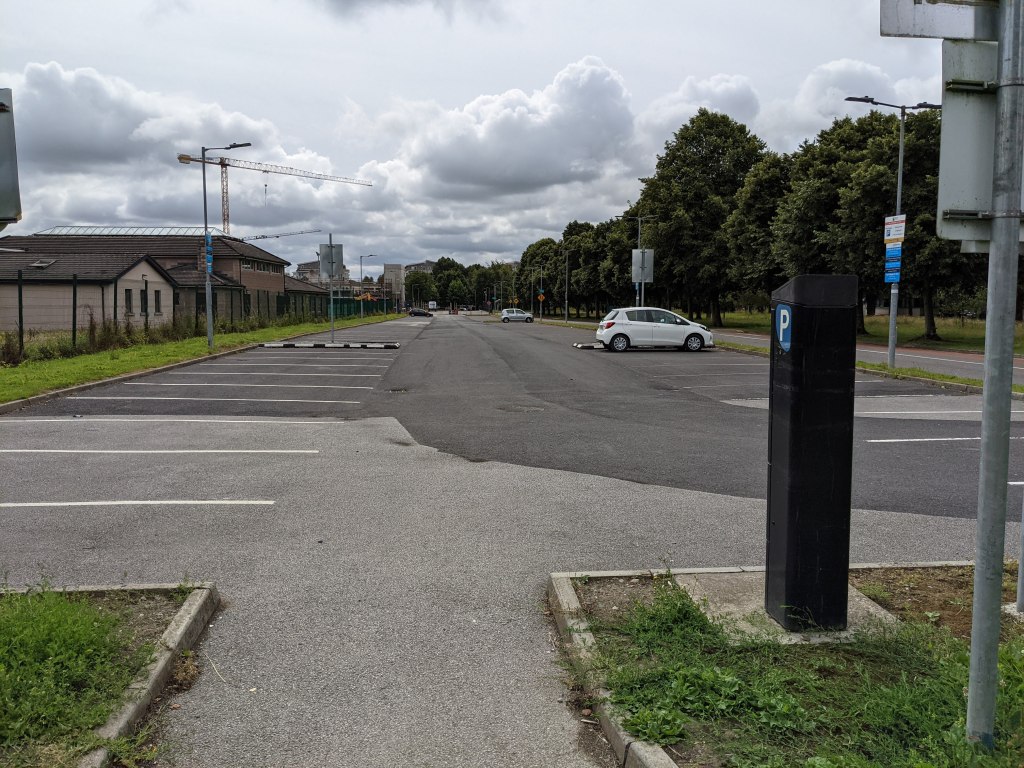A largely empty car park with free spaces at Maynooth University’s North Campus