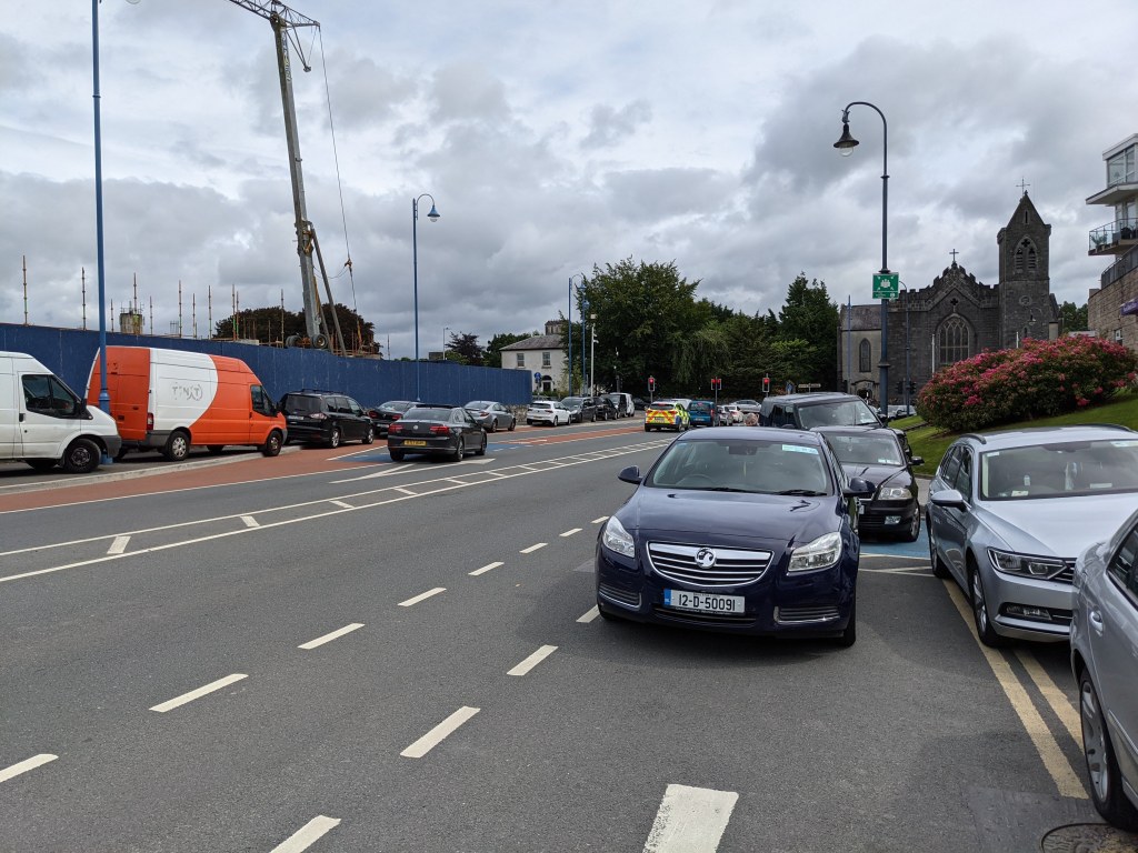 Cars parked on the coloured cycle lane on the Kilcock Road near St Mary’s Church, Maynooth