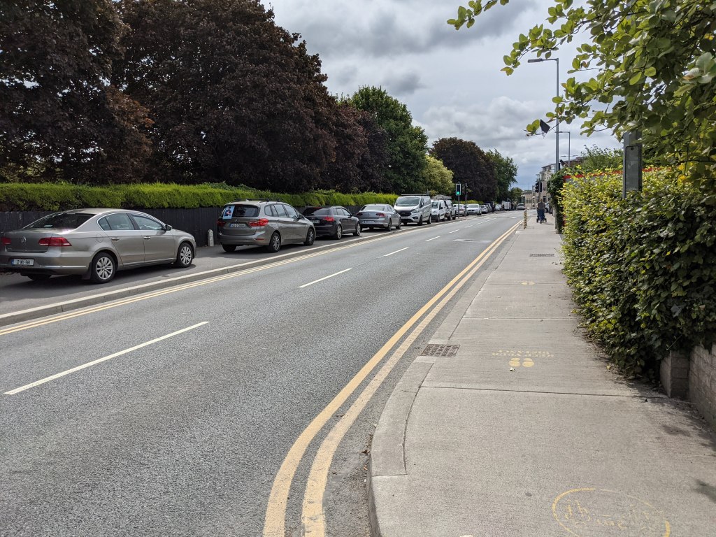 Cars parked along the verge on the Moyglare Road despite double yellow lines