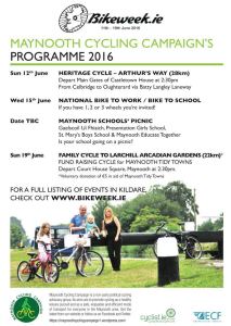 Maynooth Cycling Campaign’s Bikeweek 2016 programme poster listing heritage, work, school and family cycle events
