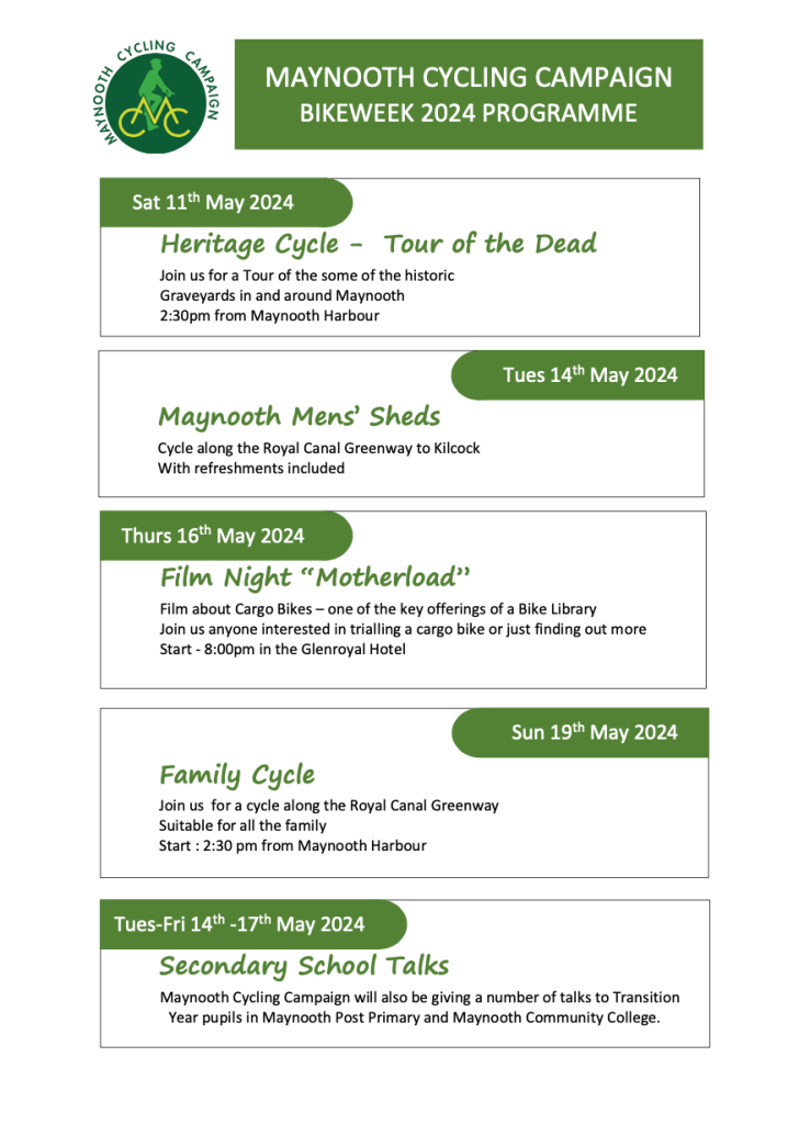 Maynooth Cycling Campaign Bikeweek 2024 programme: heritage cycle, film night, family cycle and secondary school talks