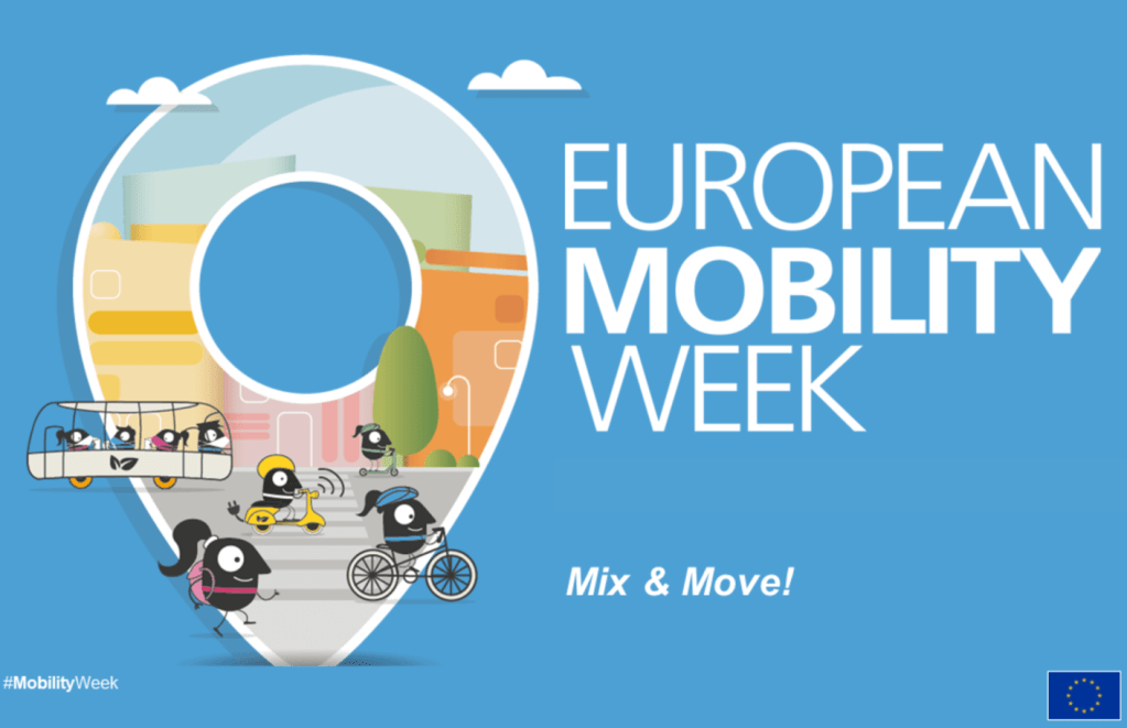 European Mobility Week graphic with cartoon figures walking, cycling and using transit; slogan ‘Mix & Move!’