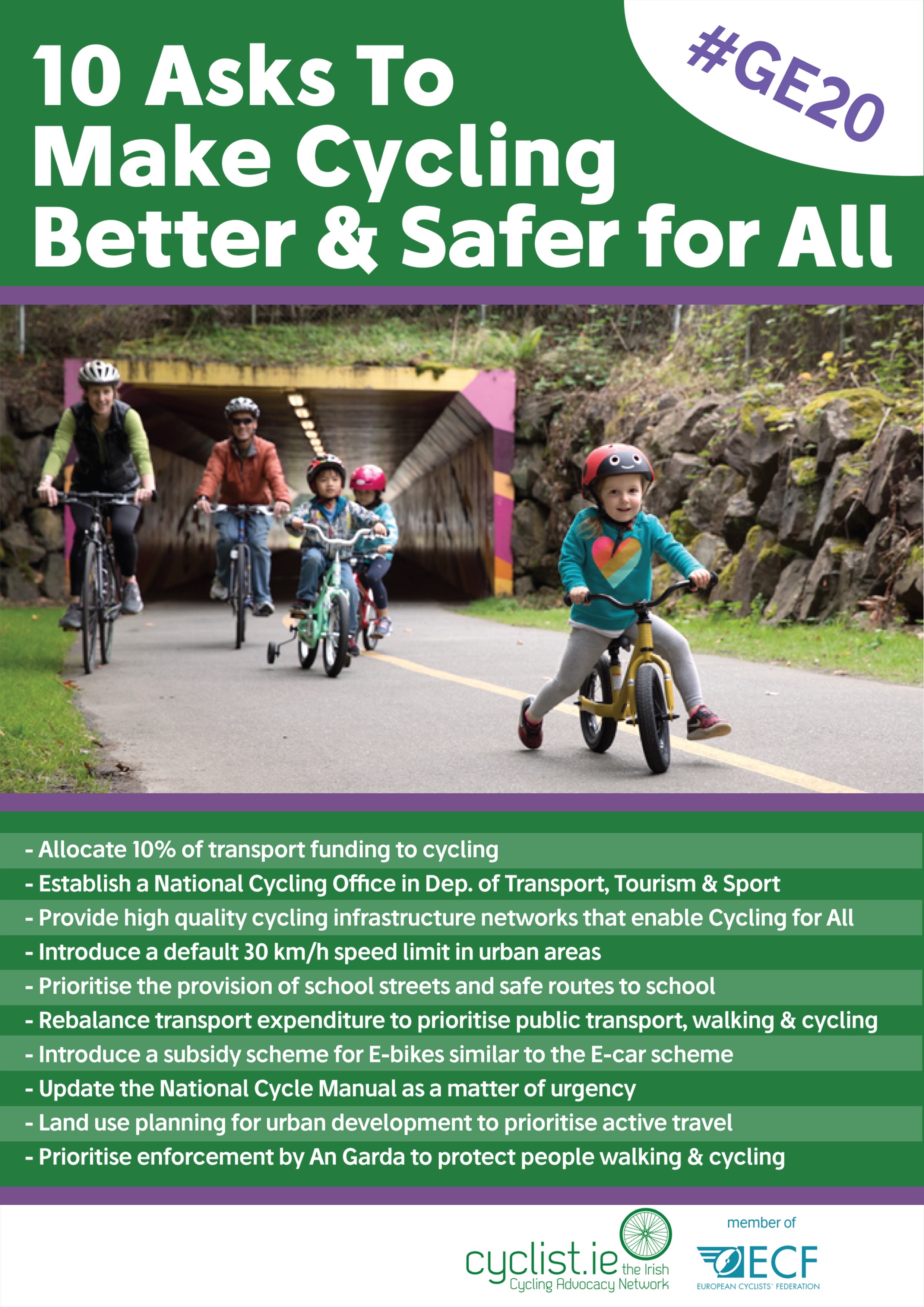 Cyclist.ie #GE20 poster listing 10 election asks to make cycling safer, above a photo of a family cycling on a greenway
