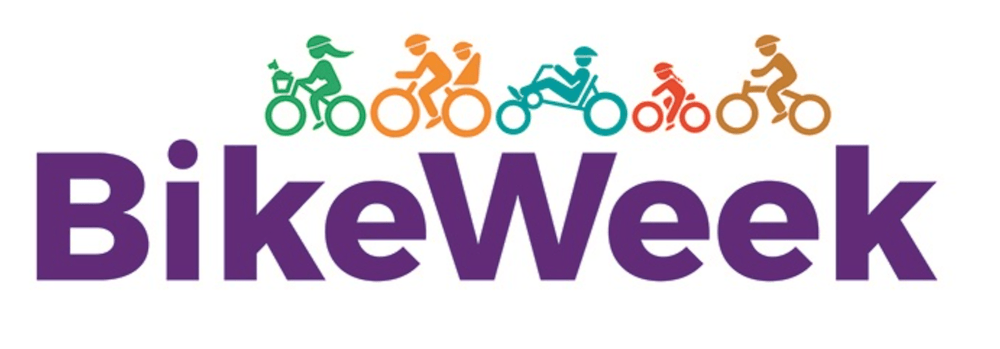 Bike Week logo: colourful illustrated cyclists of all ages above the words ‘Bike Week’