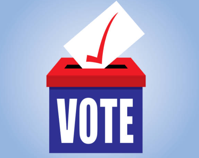 Illustration of a ballot paper with a red tick being posted into a ballot box labelled ‘VOTE’