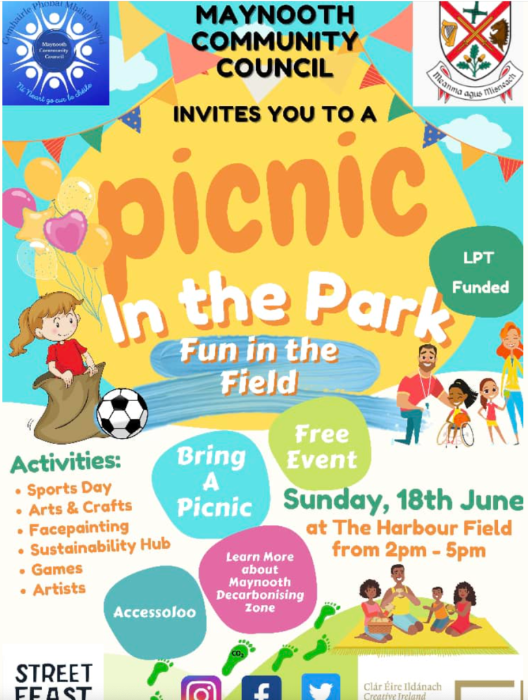 Poster: Maynooth Community Council ‘Picnic in the Park’, free family event, Sunday 18 June 2-5pm at the Harbour Field