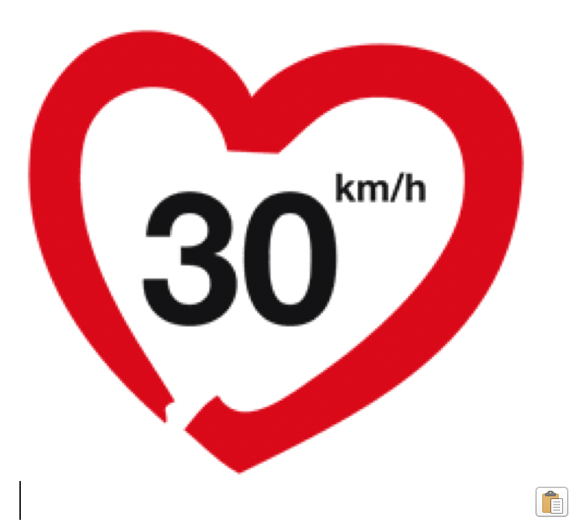 Love 30 campaign logo: a red heart enclosing ‘30 km/h’, representing 30 km/h urban speed limits.
