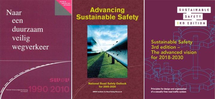 Covers of the three Dutch Sustainable Safety policy editions from the 1990s, 2005-2020 and the 2018-2030 advanced vision