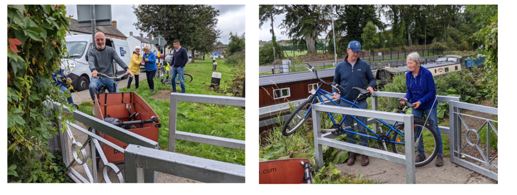 Campaigners with bikes and a wheelchair demonstrate canal-side access barriers to Kildare’s Access Officer at Sallins