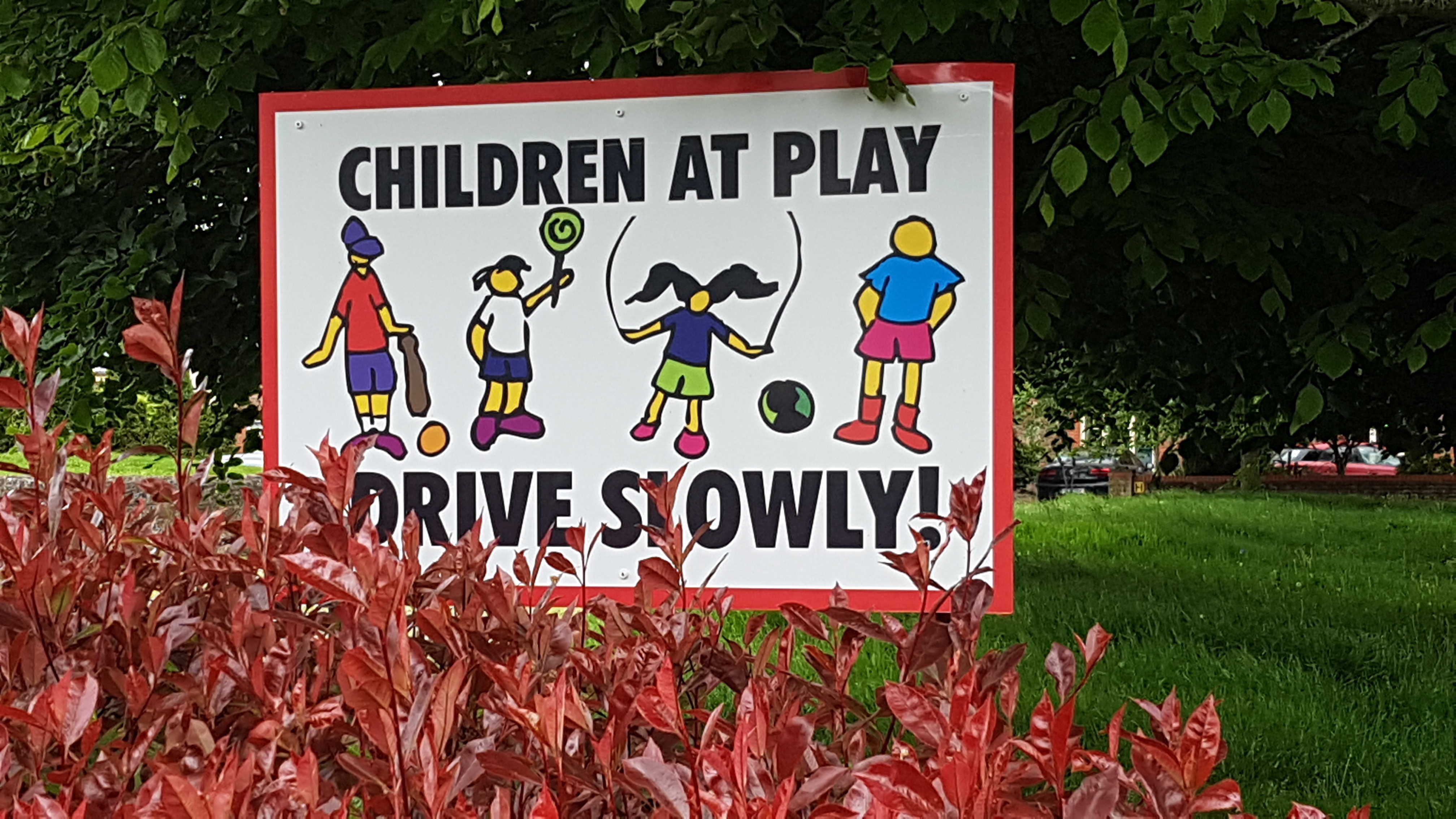 Roadside sign reading ‘Children at Play, Drive Slowly!’ with cartoon children, put up by Moyglare residents